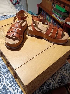 Sam Edelmon Wedged 3 Inch Ankle Strap Sandle With Gold Hardware