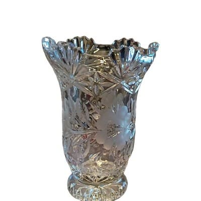 Towle Cut Crystal Vase Poland Floral Etched Decorative Glass Flowers - Thumbnail 3