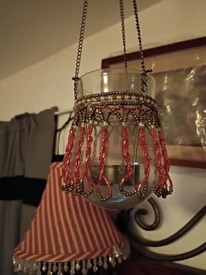 Glass Tea Light Candle Hanging Holders Ruby Red Beaded And White Beaded 1wt 1red - Thumbnail 4