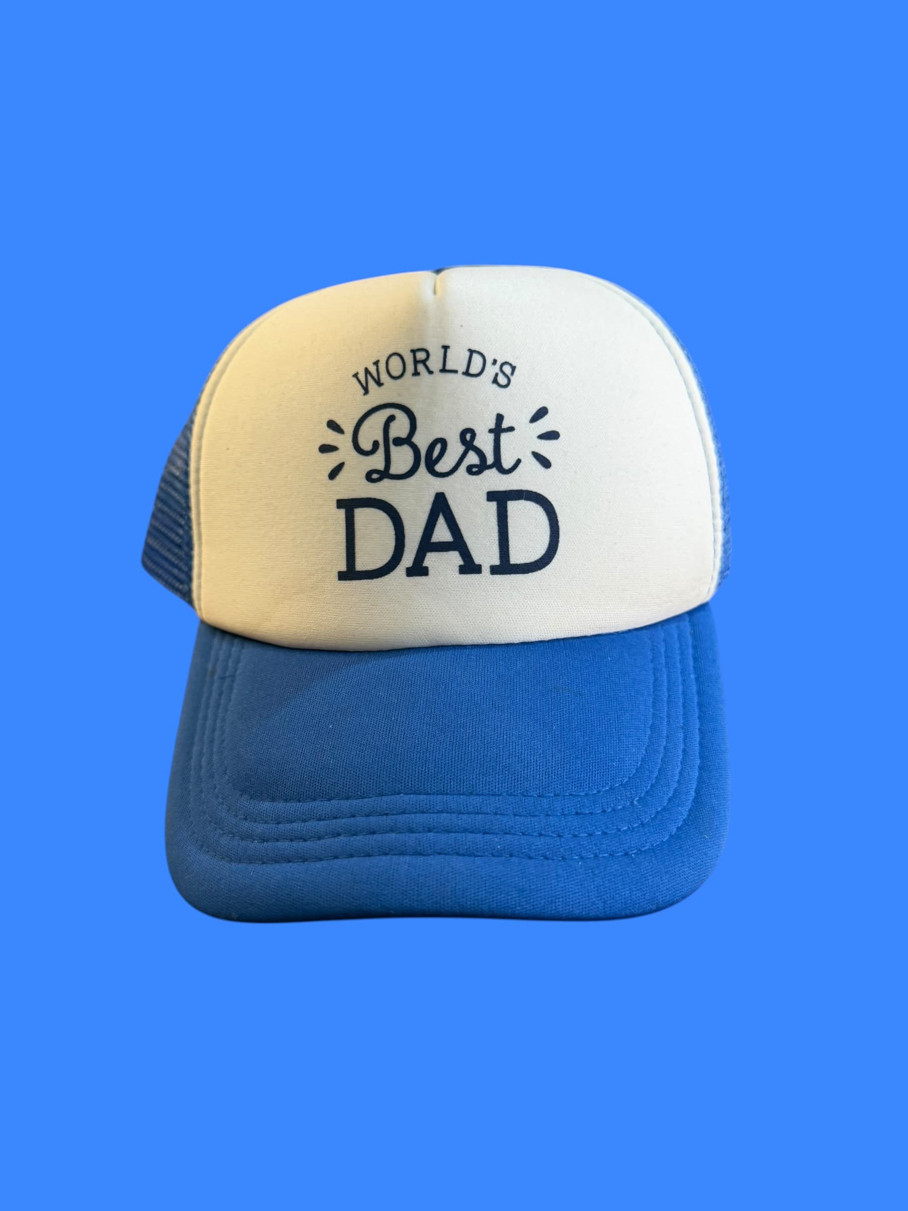World's Best Dad Trucker Hat Blue White Mesh Snapback Father's Day Gift Cap - Image 1