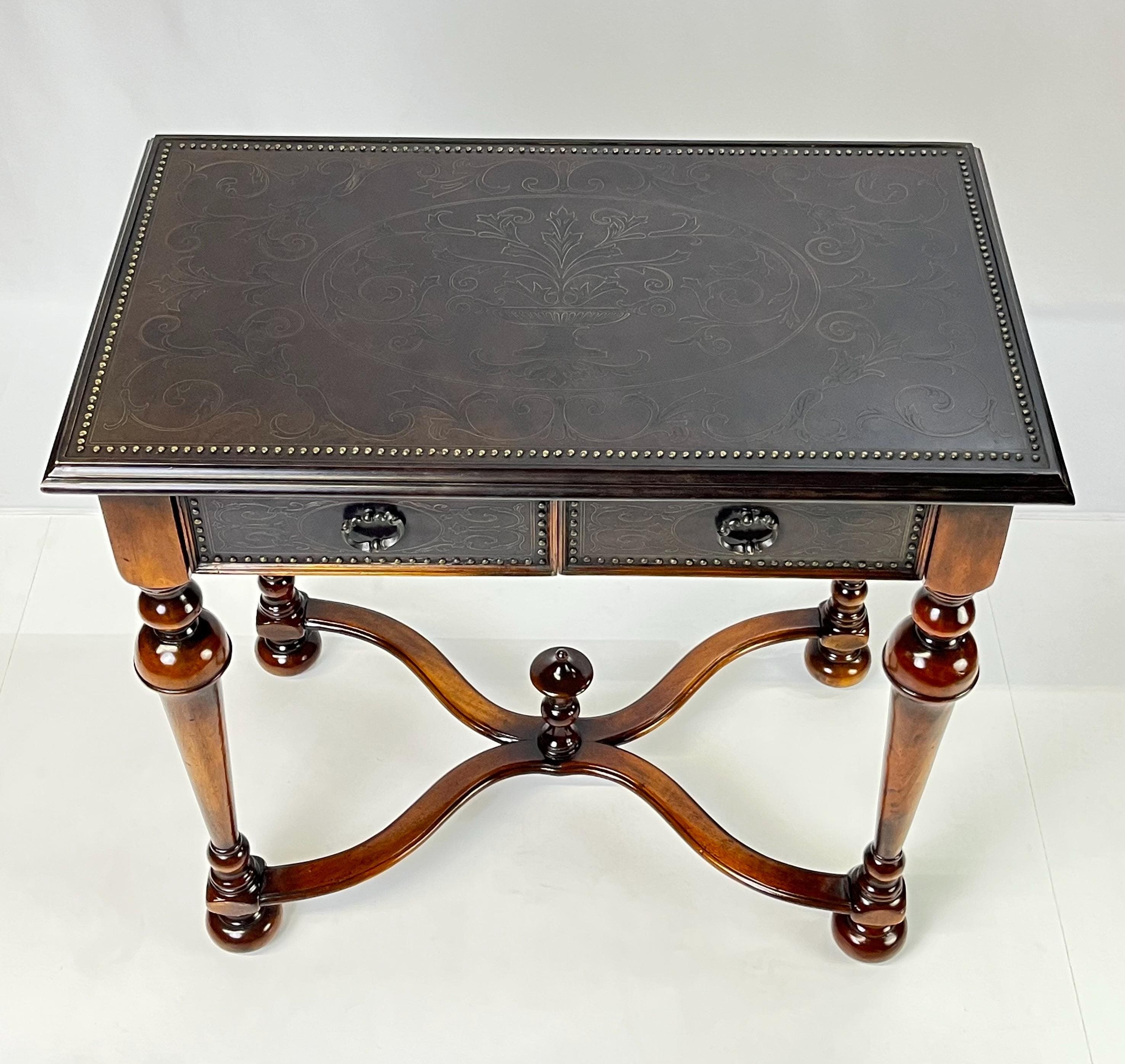 Theodore Alexander Attributed "William and Mary Armoury Table" With Engraved Brass Panels - Thumbnail 8