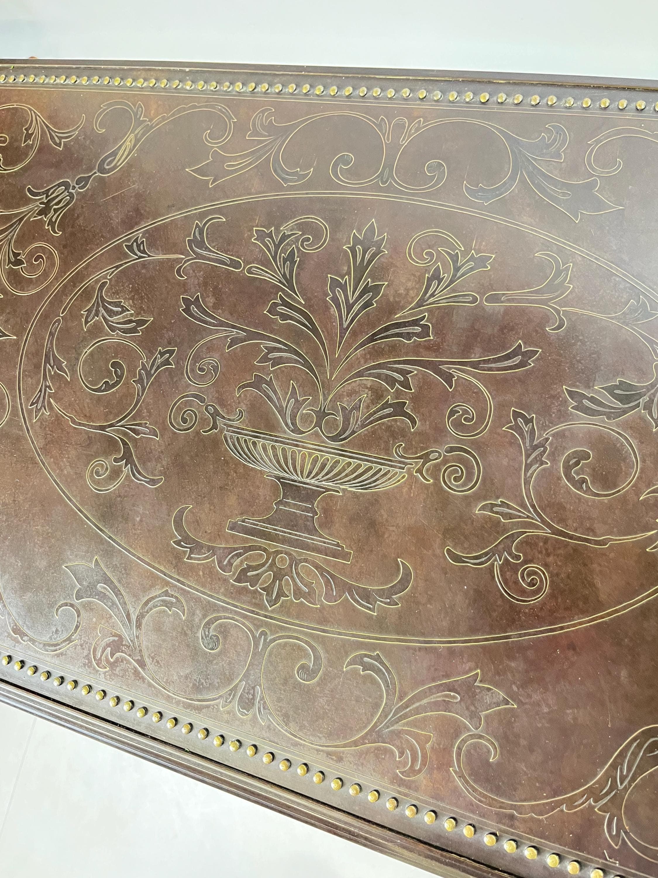 Theodore Alexander Attributed "William and Mary Armoury Table" With Engraved Brass Panels - Thumbnail 10