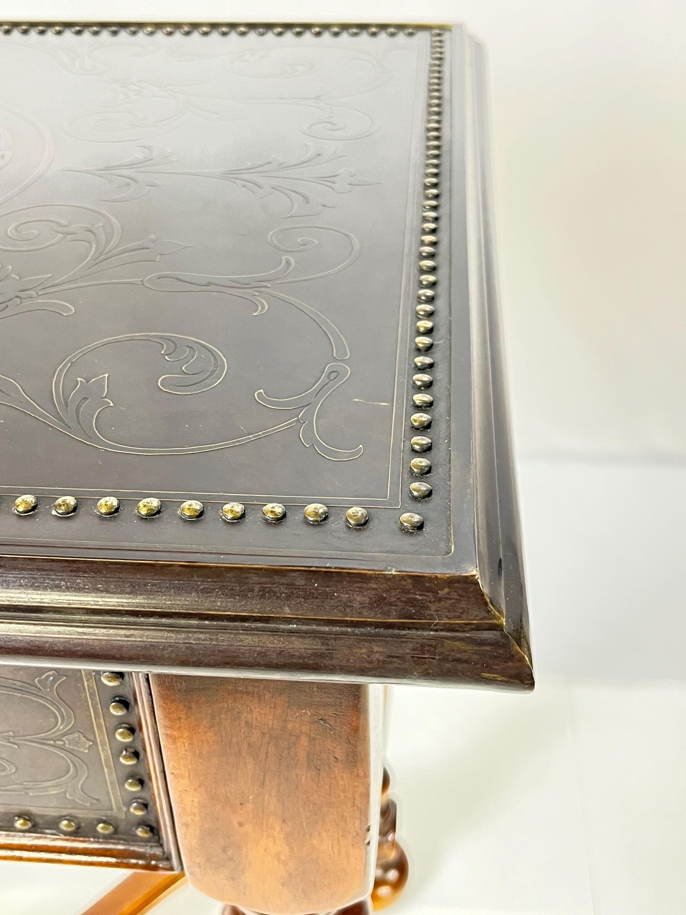 Theodore Alexander Attributed "William and Mary Armoury Table" With Engraved Brass Panels - Thumbnail 14