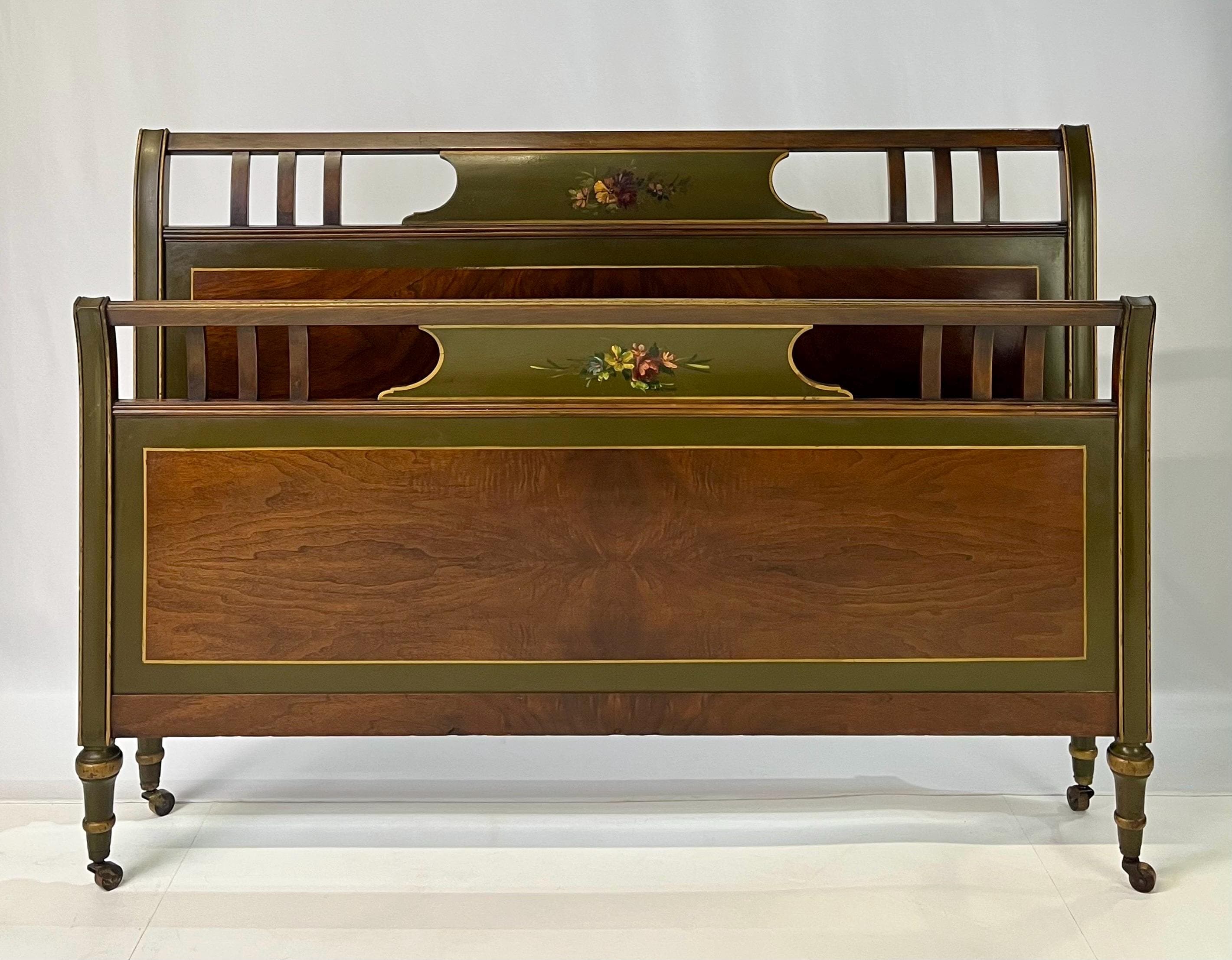 Neoclassical Sligh Furniture Walnut Burl & Hand-Painted Full Bed - Image 1