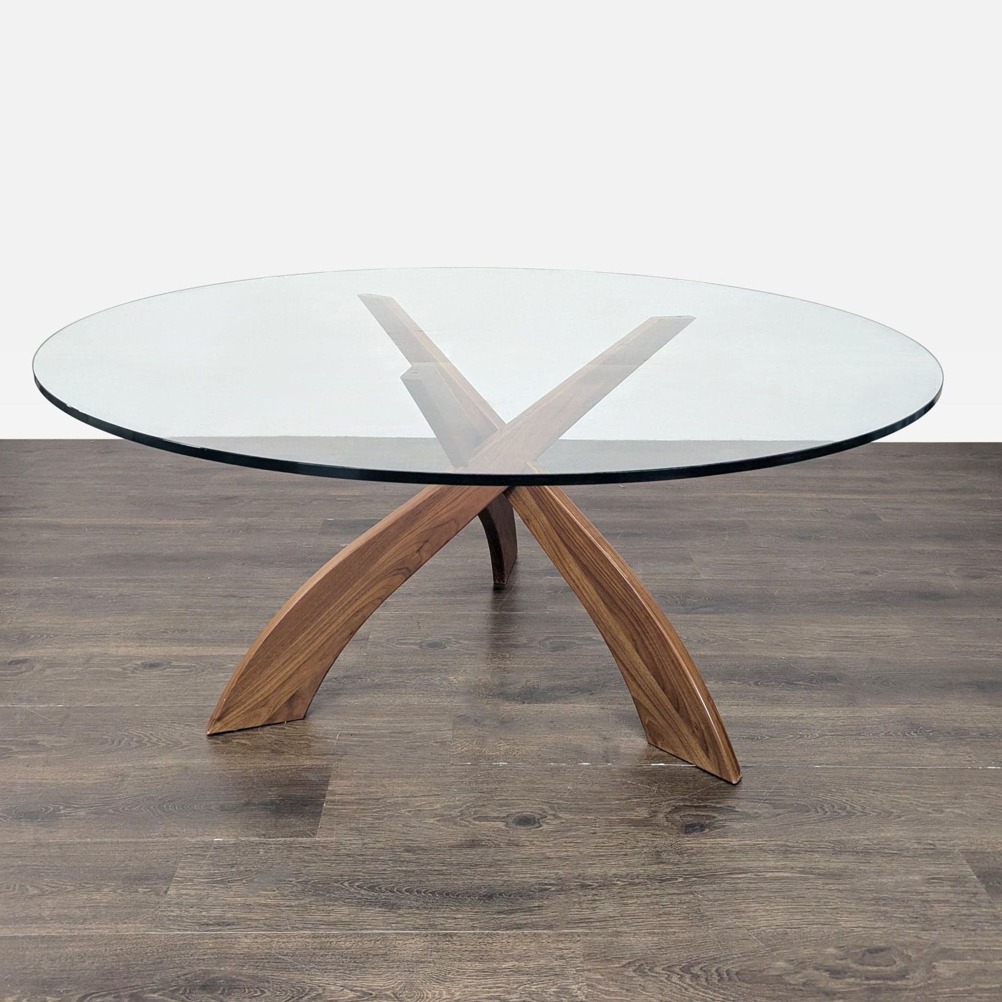 Glass Top Dining Table on Three Prong Wood Base - Thumbnail 4