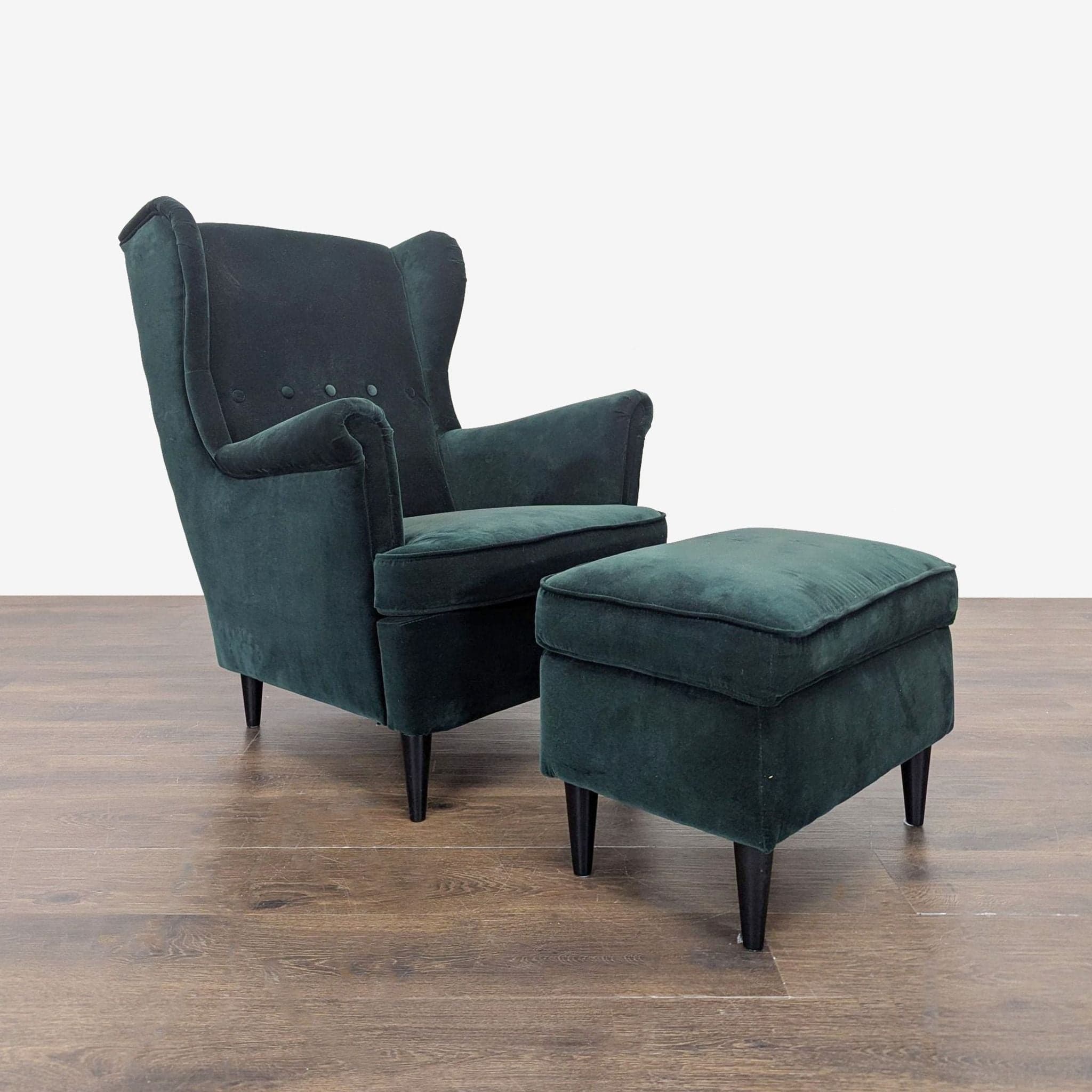 Ikea Strandmon Lounge Armchair with Footstool - Dark Green Velvet - Image 1