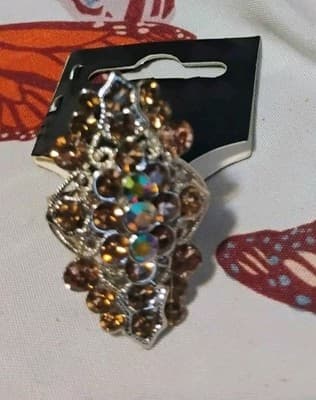 Vint Amber Topaz Rhinestone Cocktail Ring Adjustable Aurora Borealis Statement - Thumbnail 5