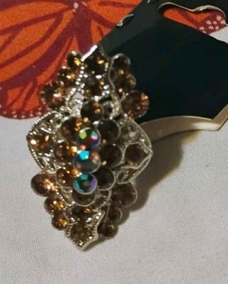 Vint Amber Topaz Rhinestone Cocktail Ring Adjustable Aurora Borealis Statement - Thumbnail 3