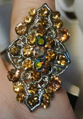 Vint Amber Topaz Rhinestone Cocktail Ring Adjustable Aurora Borealis Statement - Image 1