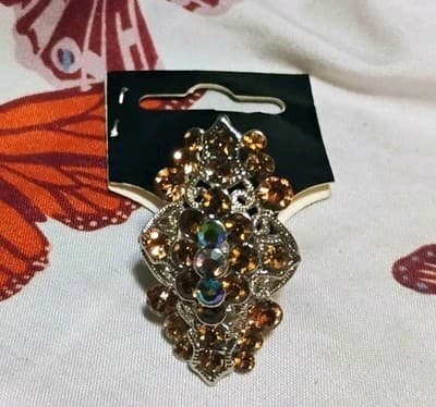 Vint Amber Topaz Rhinestone Cocktail Ring Adjustable Aurora Borealis Statement - Thumbnail 2