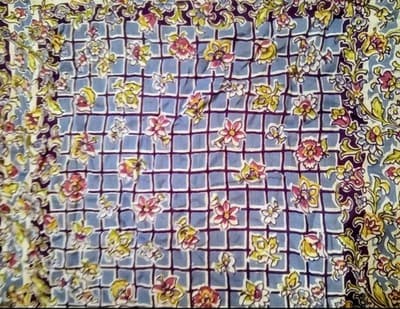 Elegant Unsigned Vintage Handkerchief | Purple & Blue Floral Motif, Mid-Century - Thumbnail 2