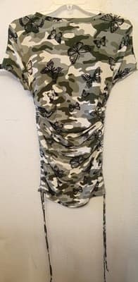 No Boundaries Camouflage Butterfly Ruched Drawstring Short Sleeve Top S (3-5) - Thumbnail 2