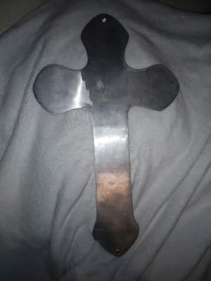 Large 17.5" Vintage Mexican Pewter Wall Cross - Hand-Painted Folk Art - Thumbnail 3