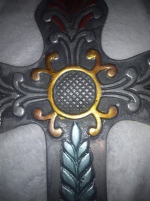 Large 17.5" Vintage Mexican Pewter Wall Cross - Hand-Painted Folk Art - Thumbnail 4