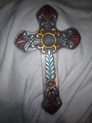 Large 17.5" Vintage Mexican Pewter Wall Cross - Hand-Painted Folk Art - Thumbnail 2