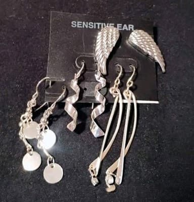 Sensitive Ear 5 Pair Set Silver Angel Wings Spiral Dangle Rhinestone Curved Drop - Thumbnail 2