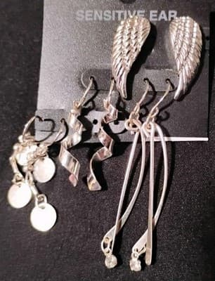 Sensitive Ear 5 Pair Set Silver Angel Wings Spiral Dangle Rhinestone Curved Drop - Thumbnail 4