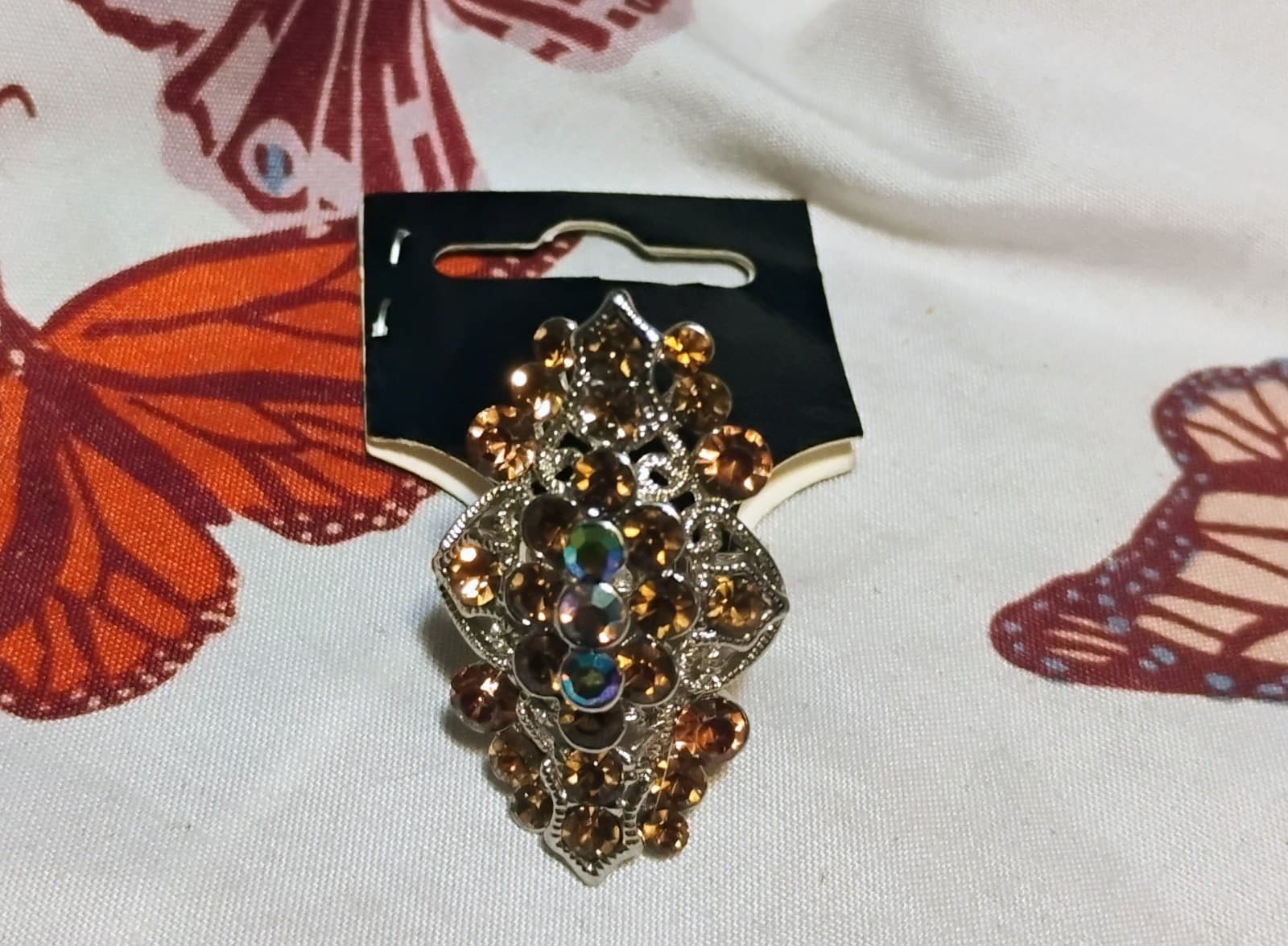 Silver-toned adjustable ring with orange glass rhinestones - Thumbnail 3