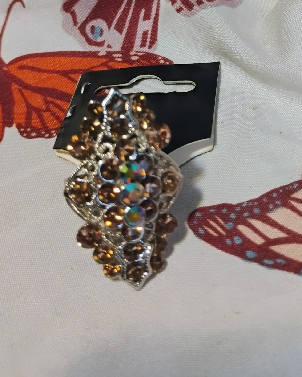 Silver-toned adjustable ring with orange glass rhinestones - Thumbnail 5