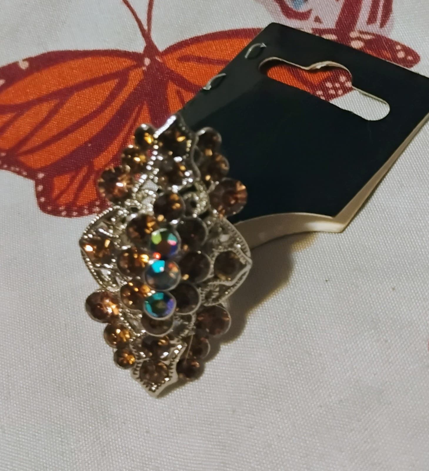 Silver-toned adjustable ring with orange glass rhinestones - Thumbnail 2