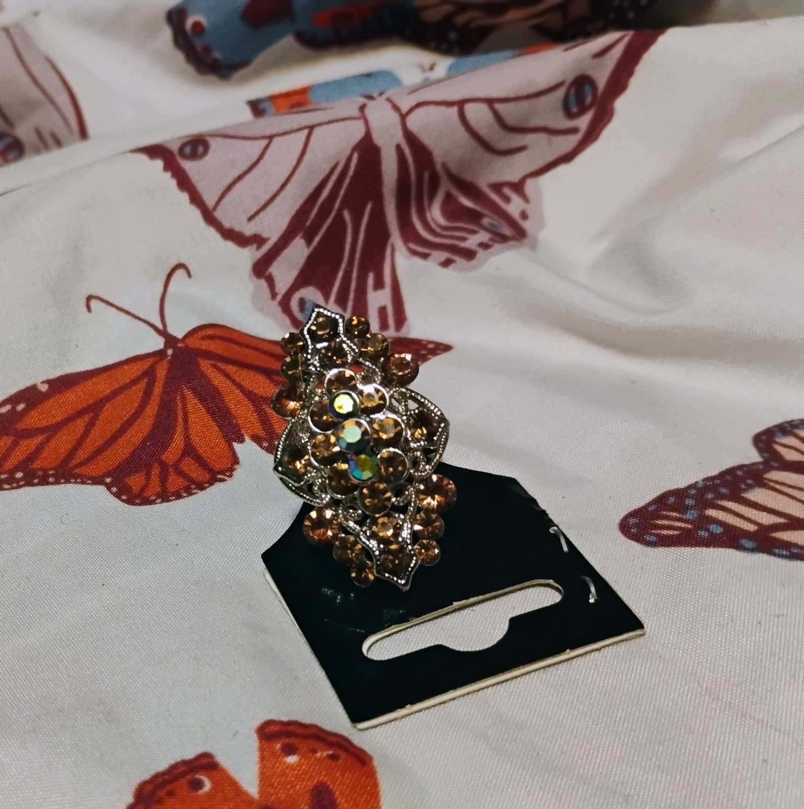 Silver-toned adjustable ring with orange glass rhinestones - Thumbnail 4