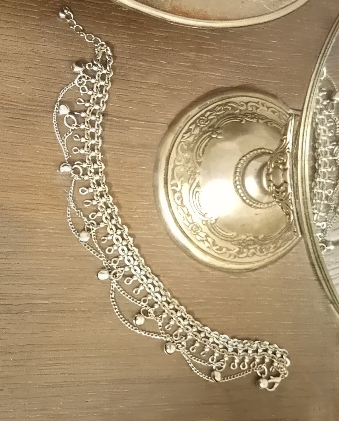 Vtg. Bohemian Tribal Bell Anklet – Layered Silver-Tone Chains – 9" + 1.25" Ext. - Thumbnail 2