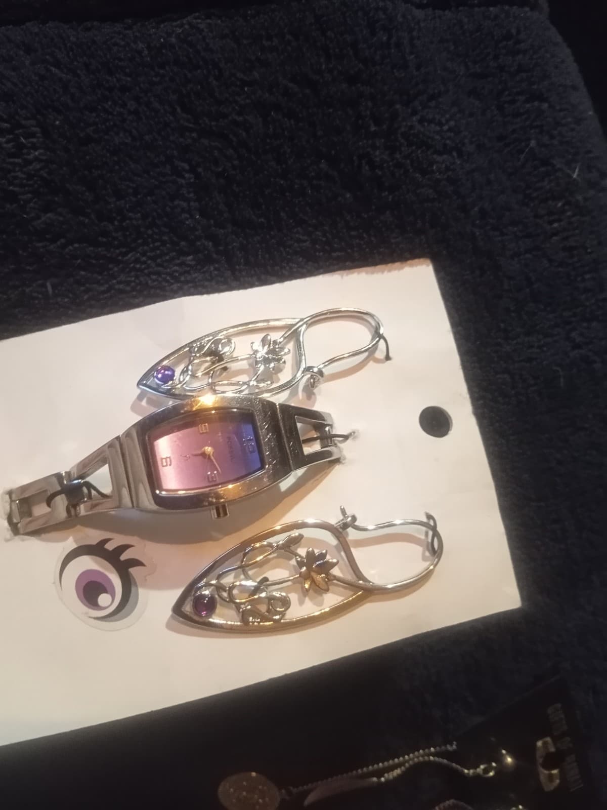 Vtg Fossil F2 Watch & Matching Silver Plated Lotus Earrings Purple/Silver Y2K - Thumbnail 2