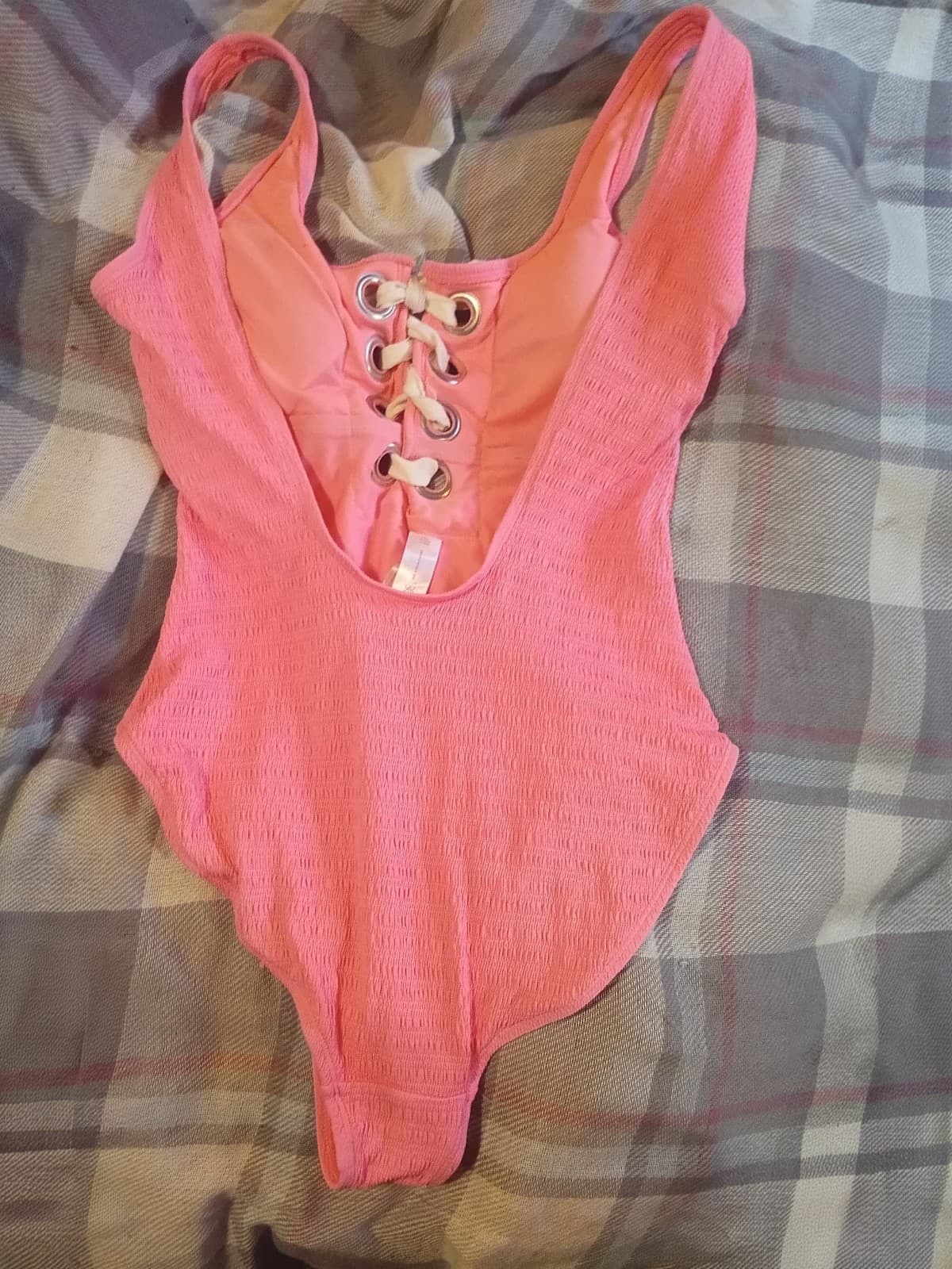 No Boundaries Pink Smocked Lace-Up One Piece Swimsuit - Size Large - Thumbnail 2