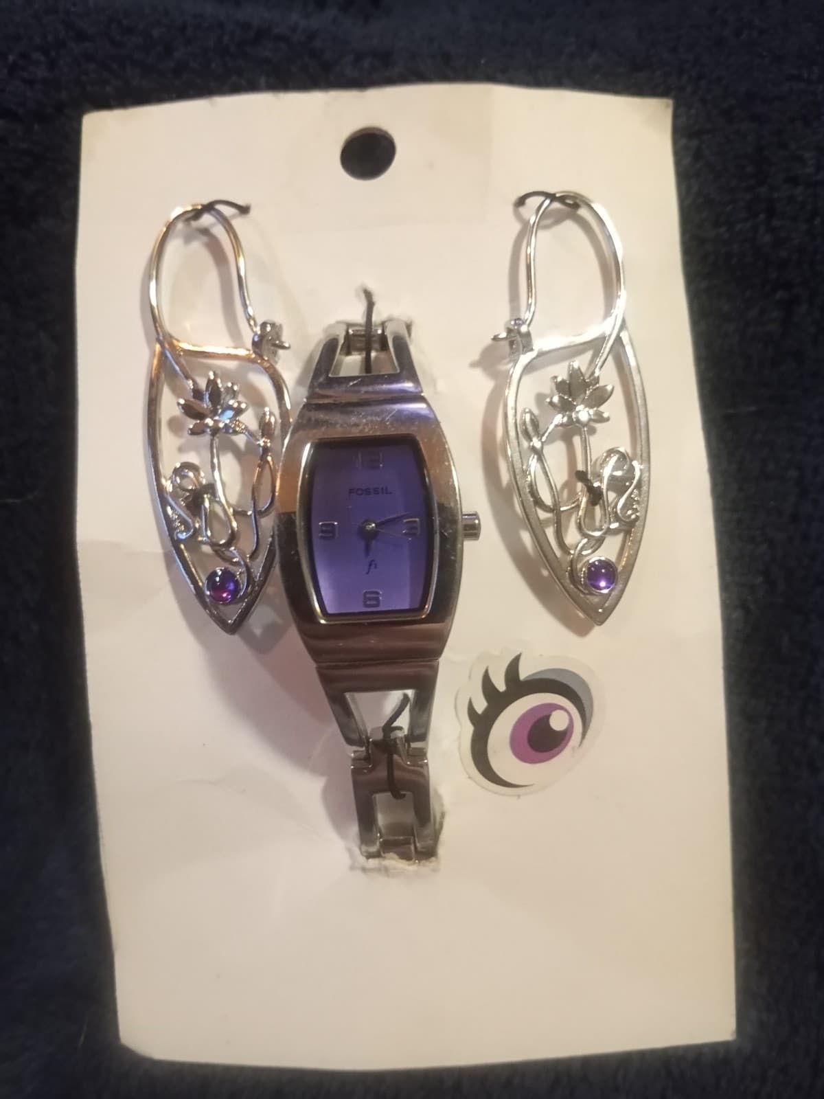 Vtg Fossil F2 Watch & Matching Silver Plated Lotus Earrings Purple/Silver Y2K - Thumbnail 4