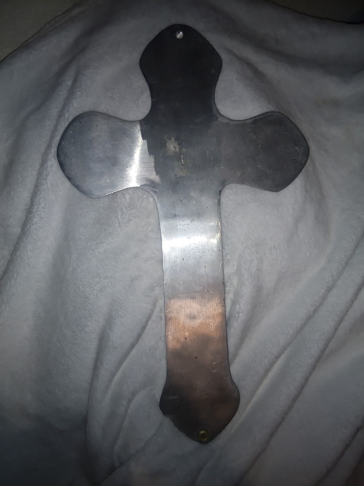 Large 17.5" Vintage Mexican Pewter Wall Cross - Hand-Painted Folk Art - Thumbnail 3