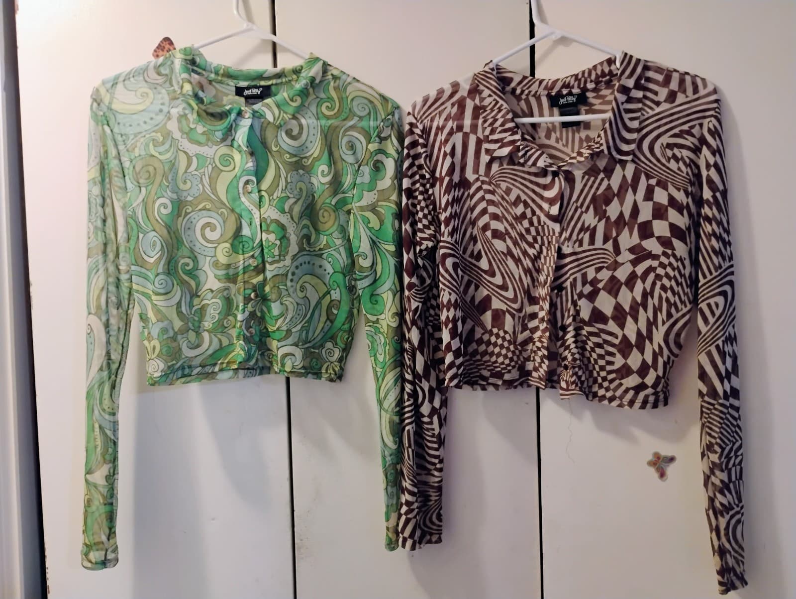 Two "Just Polly" sheer, stretch, button up, crop tops