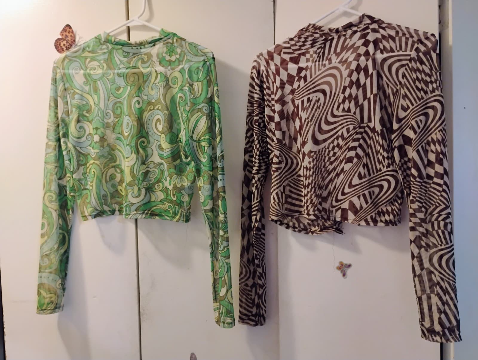 Two "Just Polly" sheer, stretch, button up, crop tops - Thumbnail 2