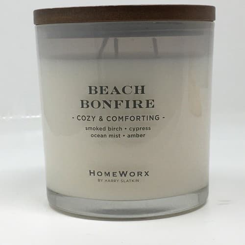 Homeworx by Harry Slatkin Scented 3 wick 14 oz. White Candle Beach Bonfire - Image 1