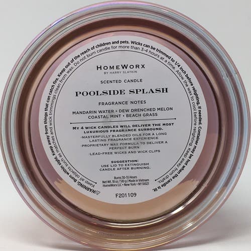 HOMEWORX HARRY SLATKIN 4 WICK 18oz CANDLE. SENTED: POOLSIDE SPLASH. - Thumbnail 2