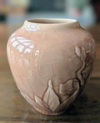 Vintage KPM Germany Crackle Glaze Vase - Pink Relief Floral - Model 6459 - Thumbnail 2