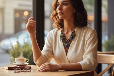 Vintage Statement Necklace Blue Cabochons Antique Brass Tone Bohemian Y2K - Thumbnail 4