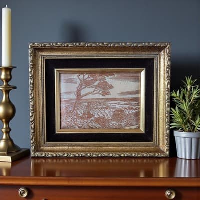 Vintage Woven Silk Art Landscape - Framed Stevengraph Style - Ornate Gold Frame - Thumbnail 5