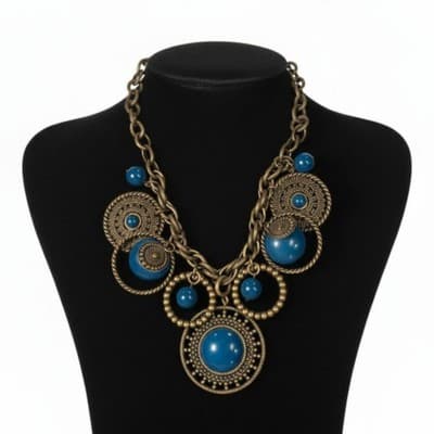 Vintage Statement Necklace Blue Cabochons Antique Brass Tone Bohemian Y2K