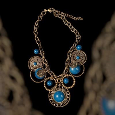 Vintage Statement Necklace Blue Cabochons Antique Brass Tone Bohemian Y2K - Thumbnail 2