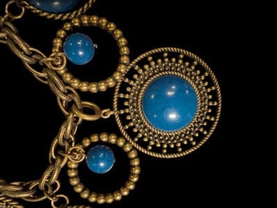 Vintage Statement Necklace Blue Cabochons Antique Brass Tone Bohemian Y2K - Thumbnail 5