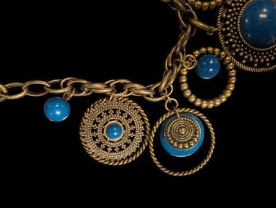 Vintage Statement Necklace Blue Cabochons Antique Brass Tone Bohemian Y2K - Thumbnail 6