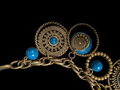 Vintage Statement Necklace Blue Cabochons Antique Brass Tone Bohemian Y2K - Thumbnail 7
