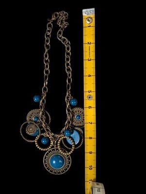 Vintage Statement Necklace Blue Cabochons Antique Brass Tone Bohemian Y2K - Thumbnail 9