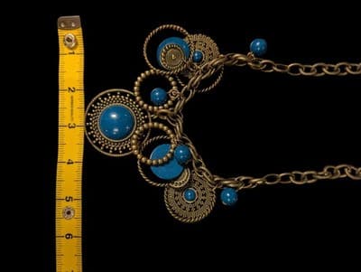 Vintage Statement Necklace Blue Cabochons Antique Brass Tone Bohemian Y2K - Thumbnail 10