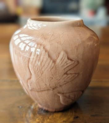 Vintage KPM Germany Crackle Glaze Vase - Pink Relief Floral - Model 6459 - Thumbnail 3