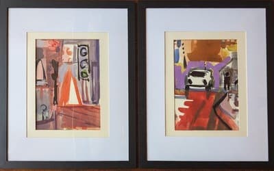Vibrant MCM Abstract Cityscape Diptych - Set of 2 Original Watercolors - 16x20