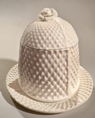 Vintage Jelly Jar Pot w/ Attached Plate & Rose Lid Cream Pineapple Texture Japan