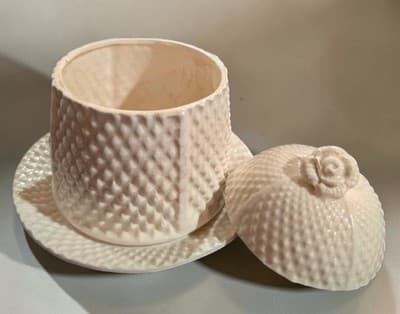 Vintage Jelly Jar Pot w/ Attached Plate & Rose Lid Cream Pineapple Texture Japan - Thumbnail 2