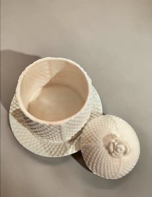 Vintage Jelly Jar Pot w/ Attached Plate & Rose Lid Cream Pineapple Texture Japan - Thumbnail 4