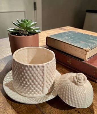 Vintage Jelly Jar Pot w/ Attached Plate & Rose Lid Cream Pineapple Texture Japan - Thumbnail 6